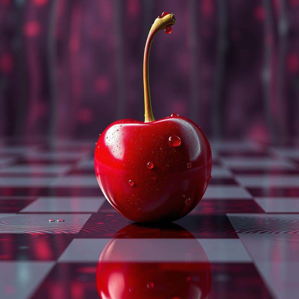 Hyperrealistic Cherry Reflects Neon Chessboard, Psychedelic ...
