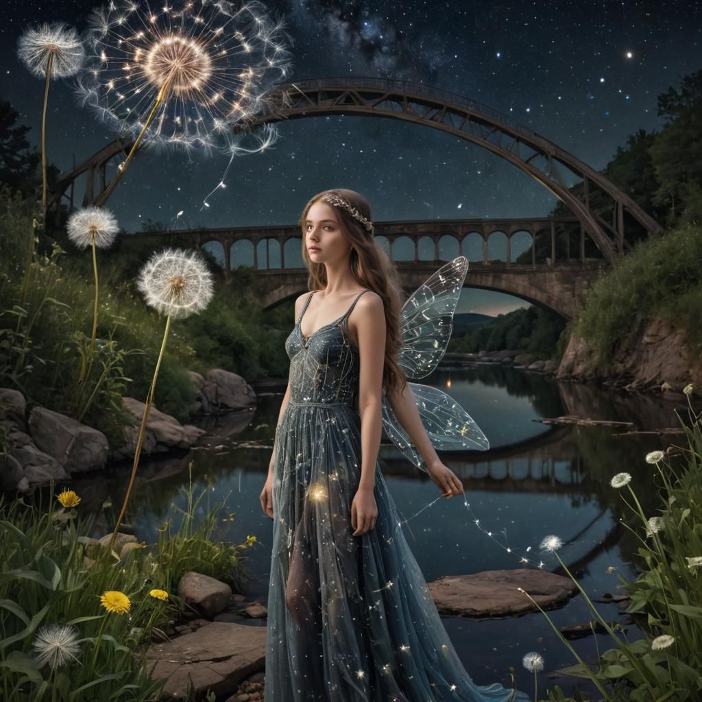 Fairy with Dandelion Wand Under Starry Night