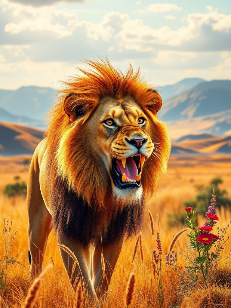 Regal Lion Roaring on Sunlit Savanna