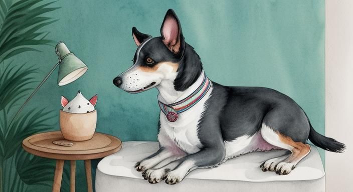 Sad Dog Cheered Up by Robins: Watercolour Painting