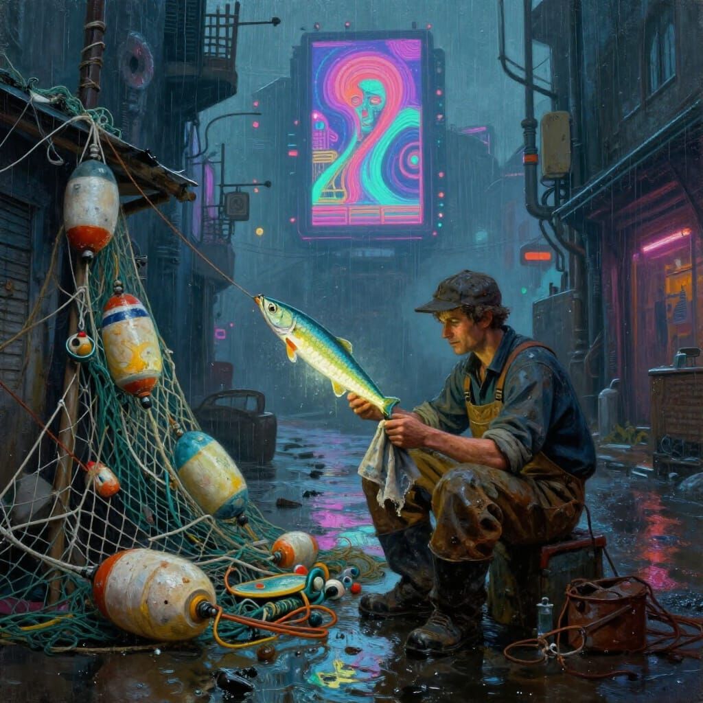 Cyberpunk Fisherman Polishes Lure in Neon Alleyway