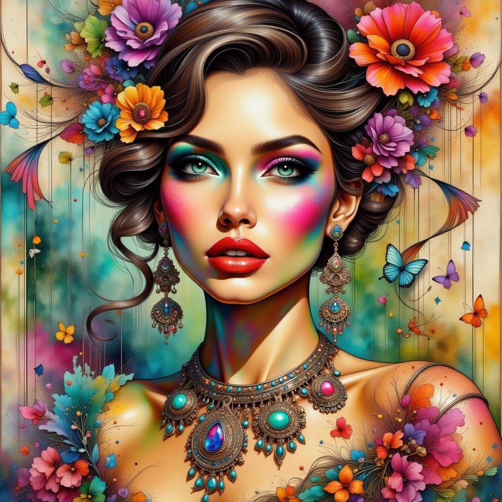 Vibrant Art Nouveau Punk Collage of a Parrot in Dazzling Tex...