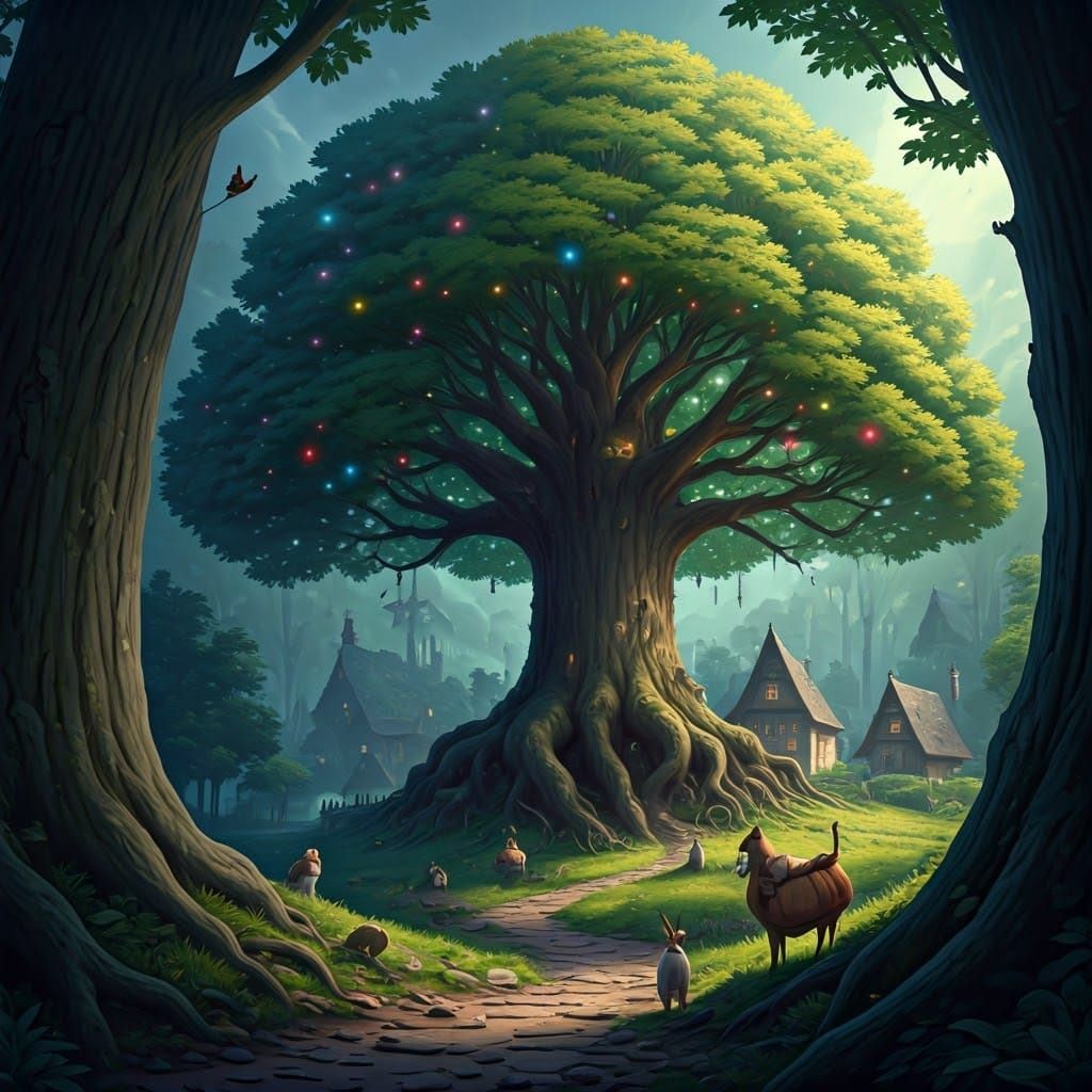 Enchanted Forest Scene with Glowing Christmas Tree