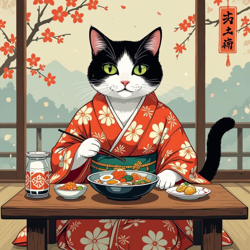 Cat in Kimono at Izakaya, Woodblock Print Style