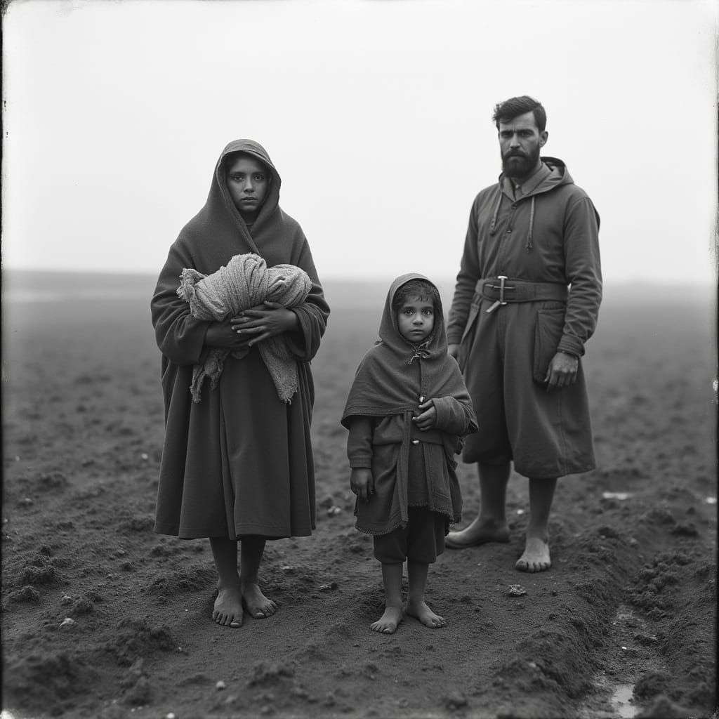 Venetian Refugee Family Fleeing in Black and White