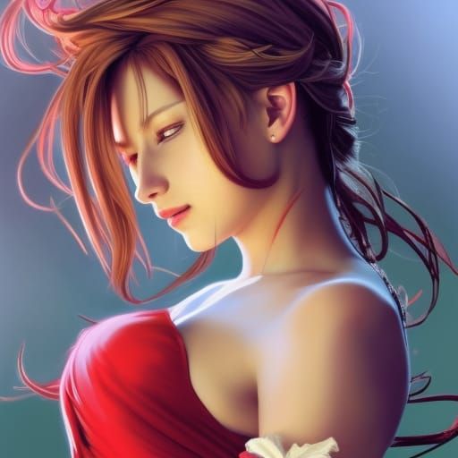 Woman in Red Dress Dancing in Rain: Hyperdetailed Portrait