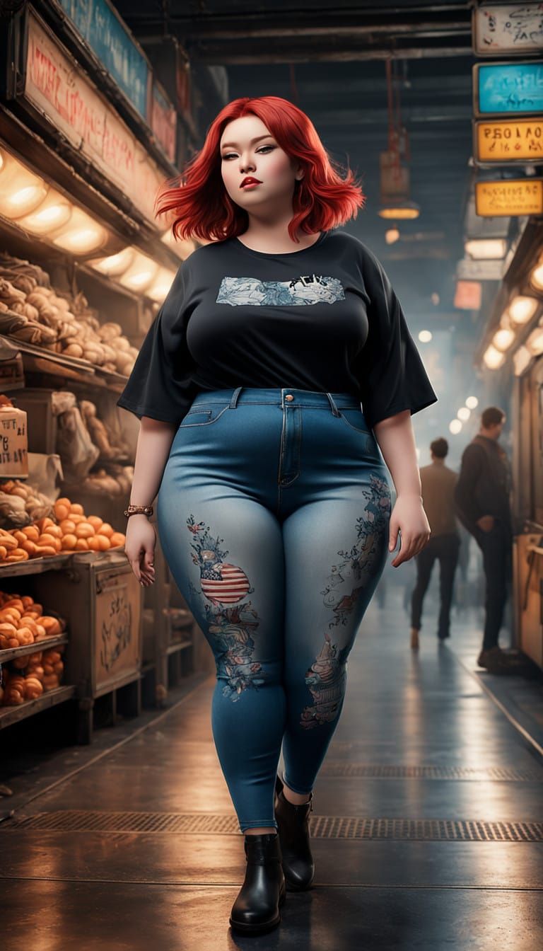 Pin-Up Model in Acid Wash Jeans and Black Print T-Shirt on R...