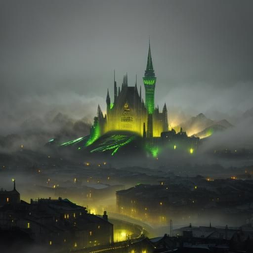 Celtic extremle happy glowing city. Green mood. Chiaroscuro soft blended light, nice strong bokeh. Stunning smoke, dust ...