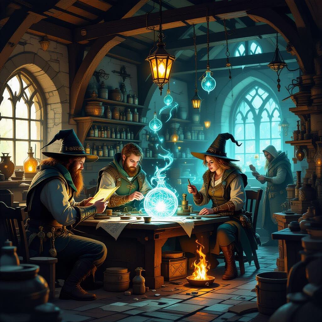 Magical Workshop District with Steampunk Aesthetic