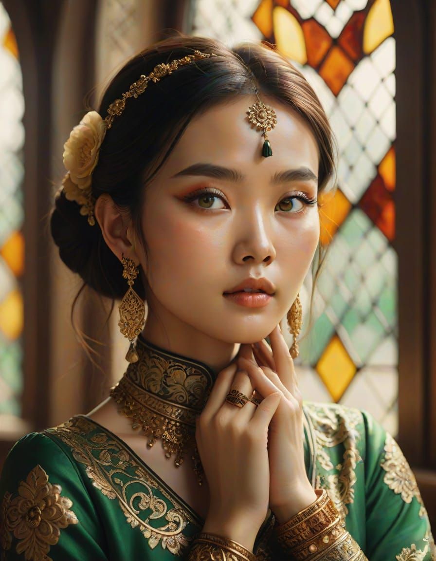 Elegant Chinese Goddess in Golden Stained Glass Light