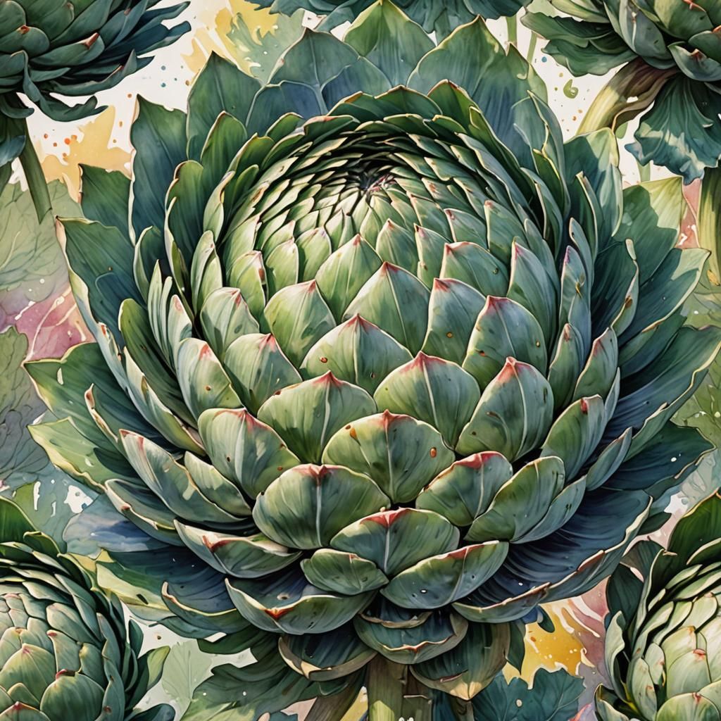 Watercolor Artichoke in Anime Style, Detailed Illustration