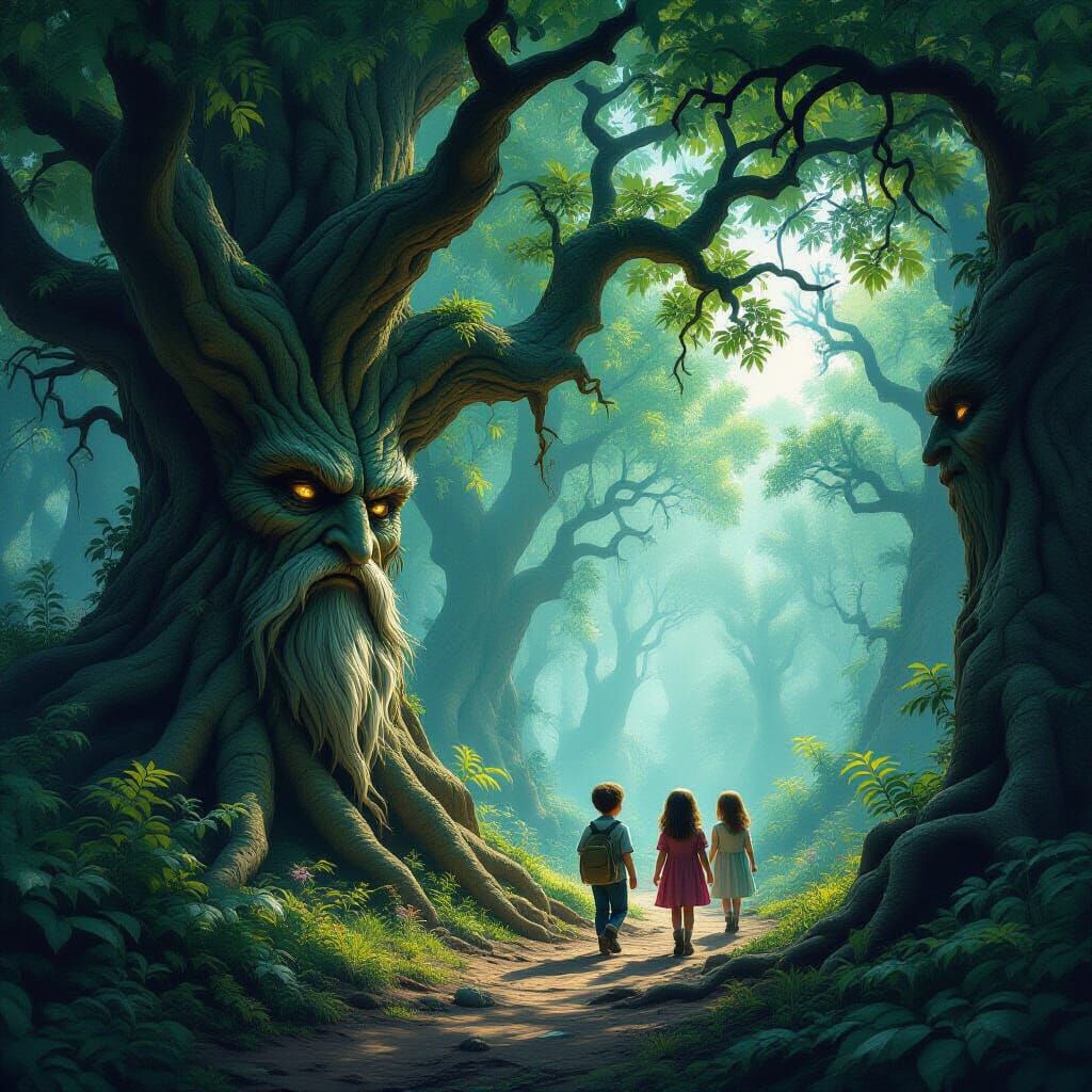 an enchanted forest with trees that have faces and arms that...