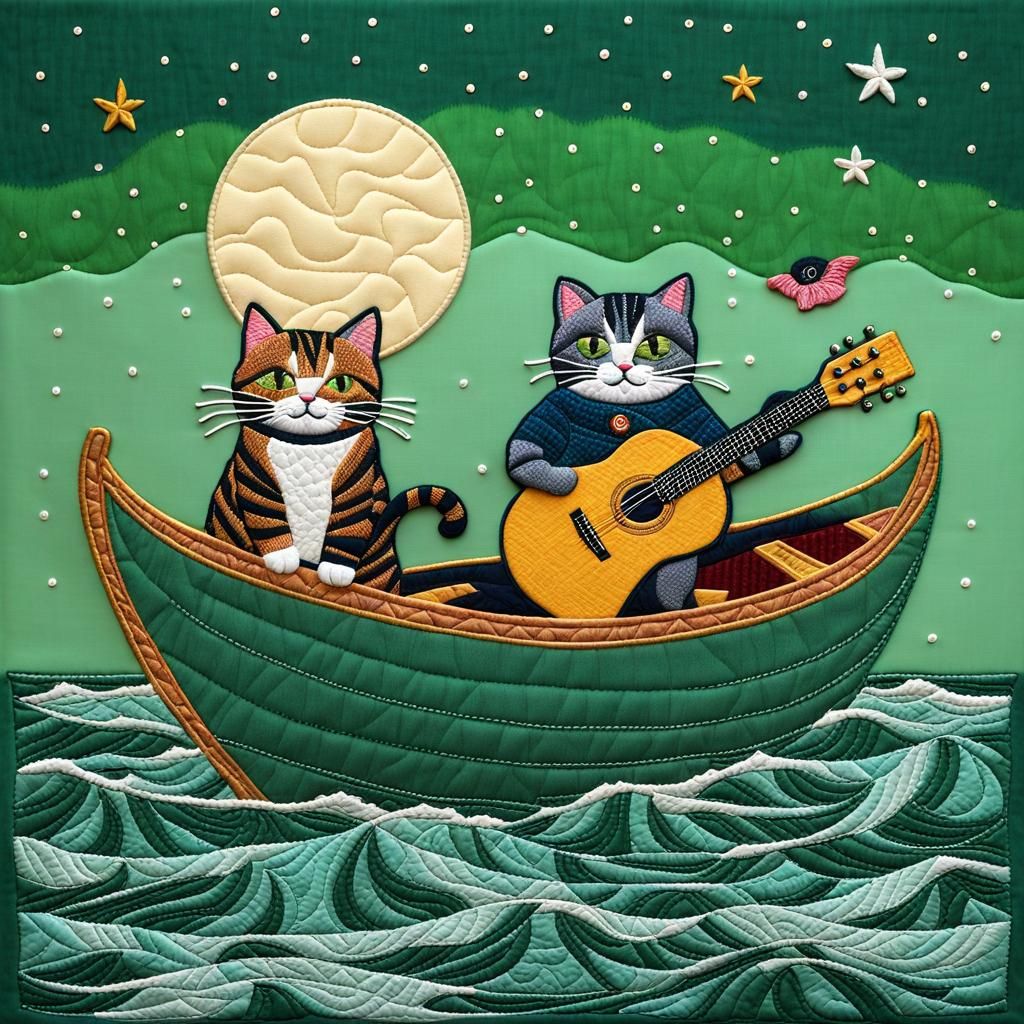 Quilted Scene: Cat and Owl's Sea Adventure