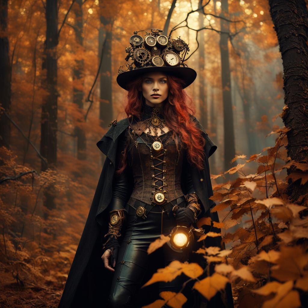Steampunk Witch in Mystical Forest