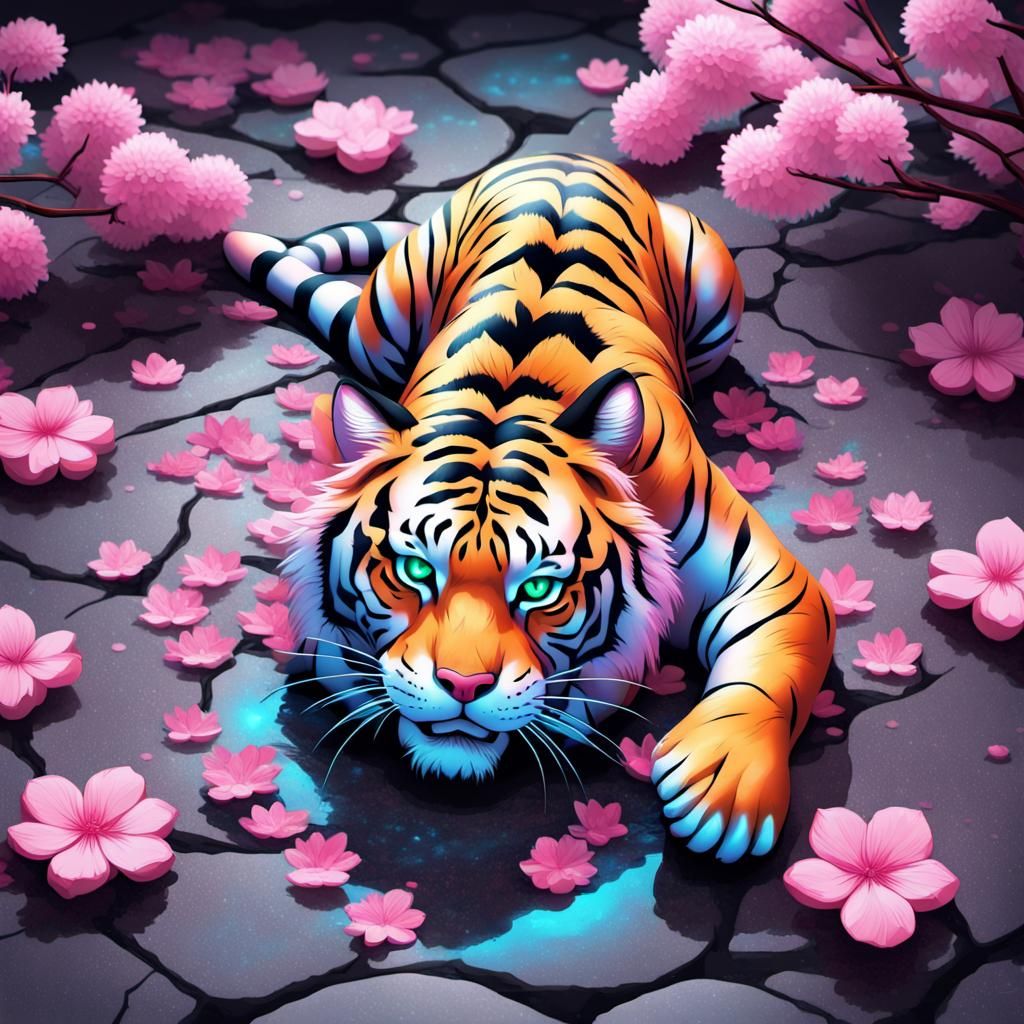 Anime Tiger Amidst Sakura Petals in Synthwave Style