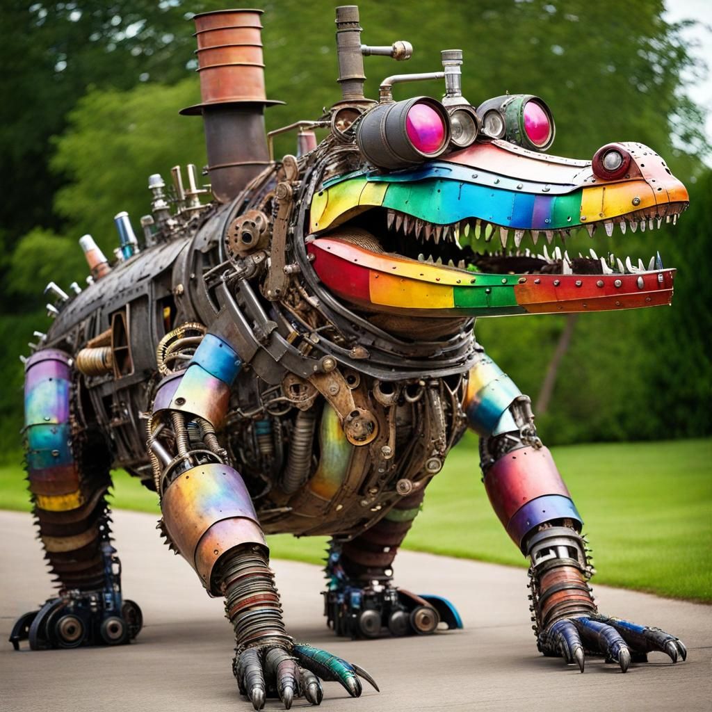 Rainbow Crocodile Made of Auto Parts and Steampunk Engine