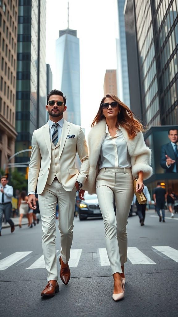 Contemporary Urban Elegance Couple Strolls Through City