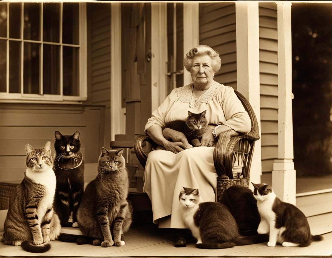 Vintage Sepia Photo of Woman with Cats