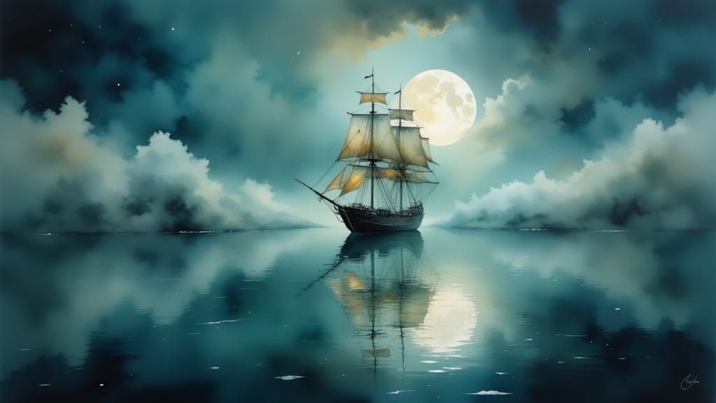 Ethereal Ghost Ship in Moonlit Fog
