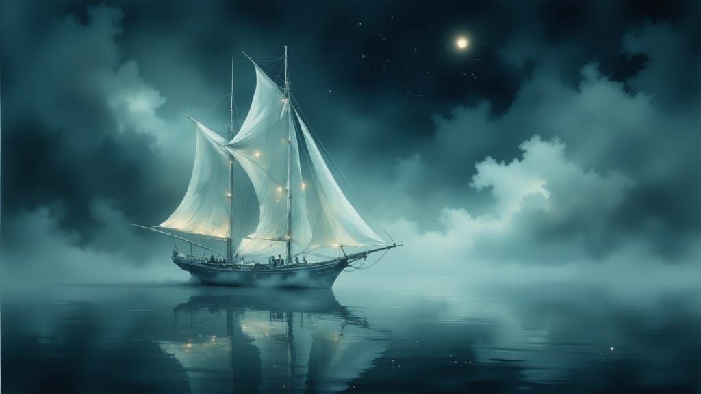 Ethereal Ghost Ship Navigating Moonlit Fog