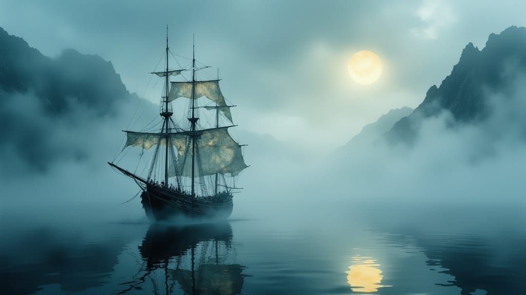Ethereal Ghost Ship Sailing on Foggy Ocean