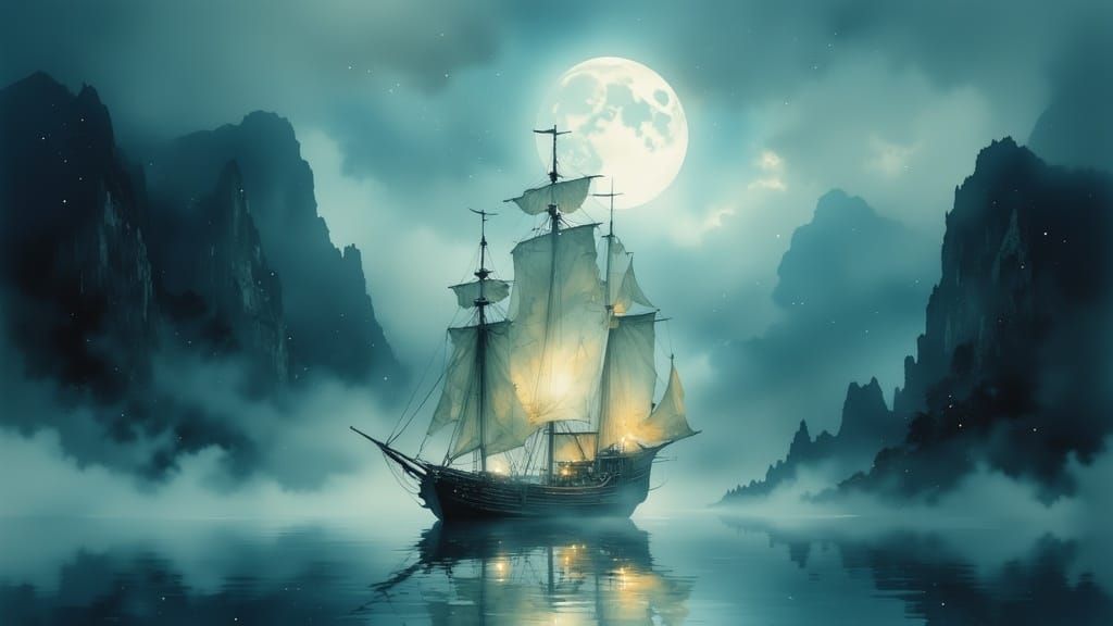 Ethereal Ghost Ship Sailing in Moonlit Waters
