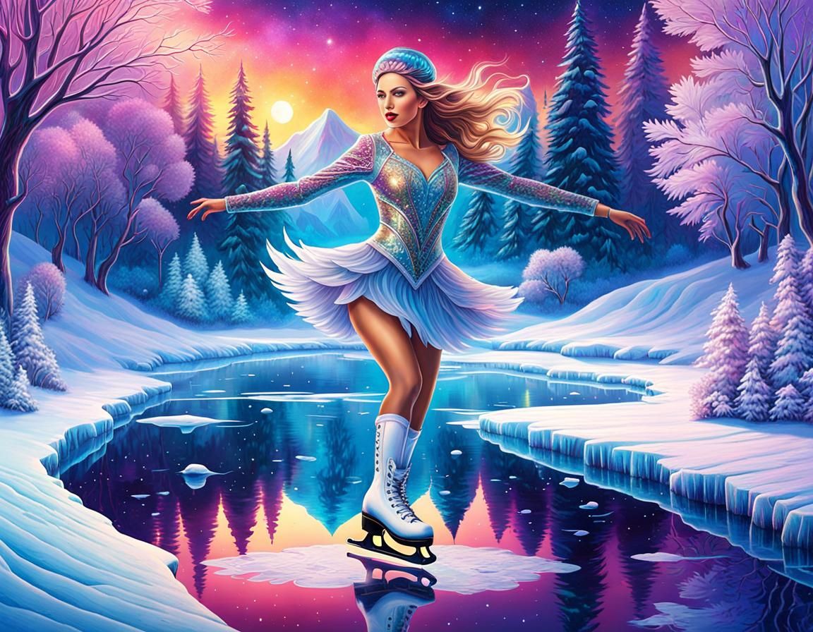 Woman Ice Skating: Holographic Astral Cosmic Illustration
