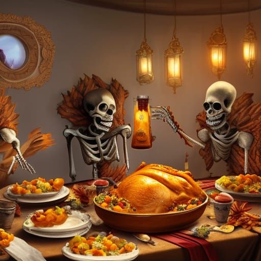 Skeletons Celebrate Thanksgiving: Detailed Matte Painting