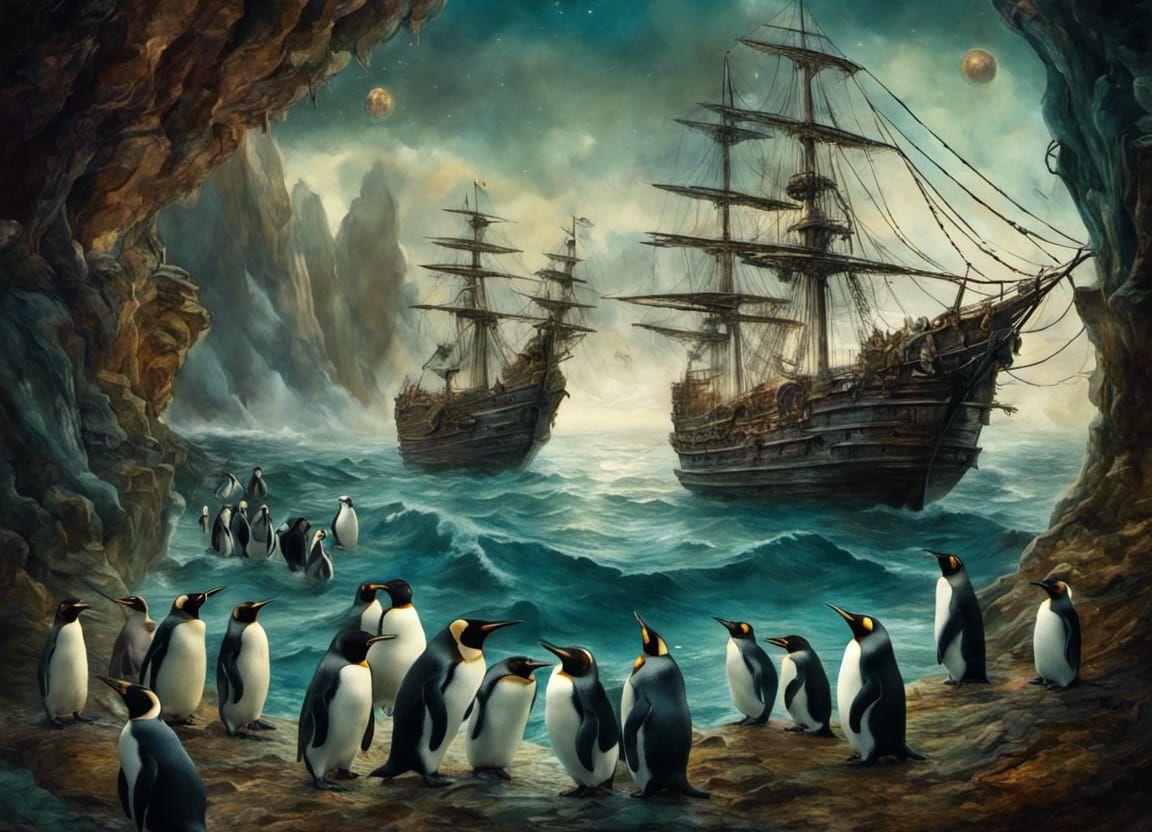 Penguin Pirate Crew on Dreamlike Ship, Digital Illustration