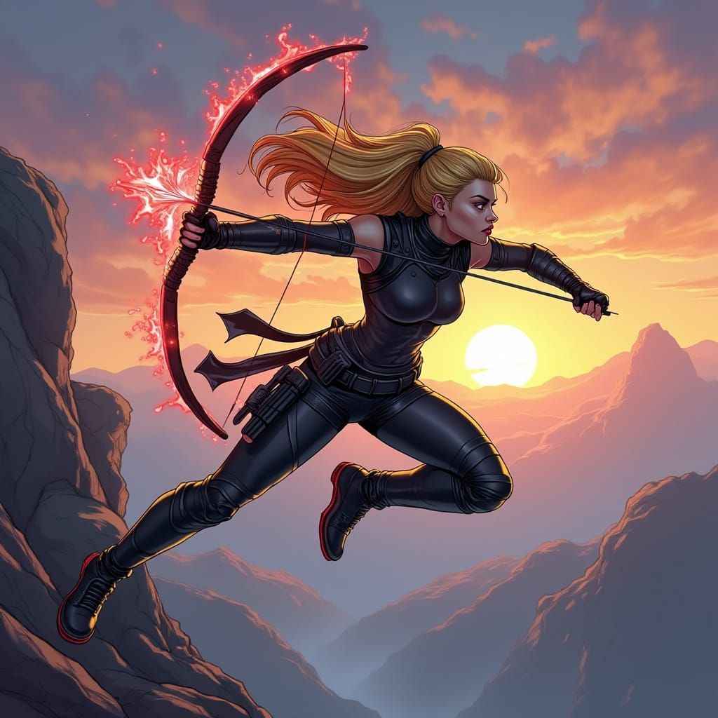 Female Archer Ninja with Red Aura Shield in Comic Style