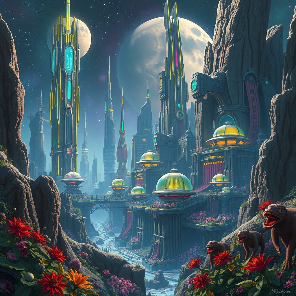 Lush Alien City with Towering Structures