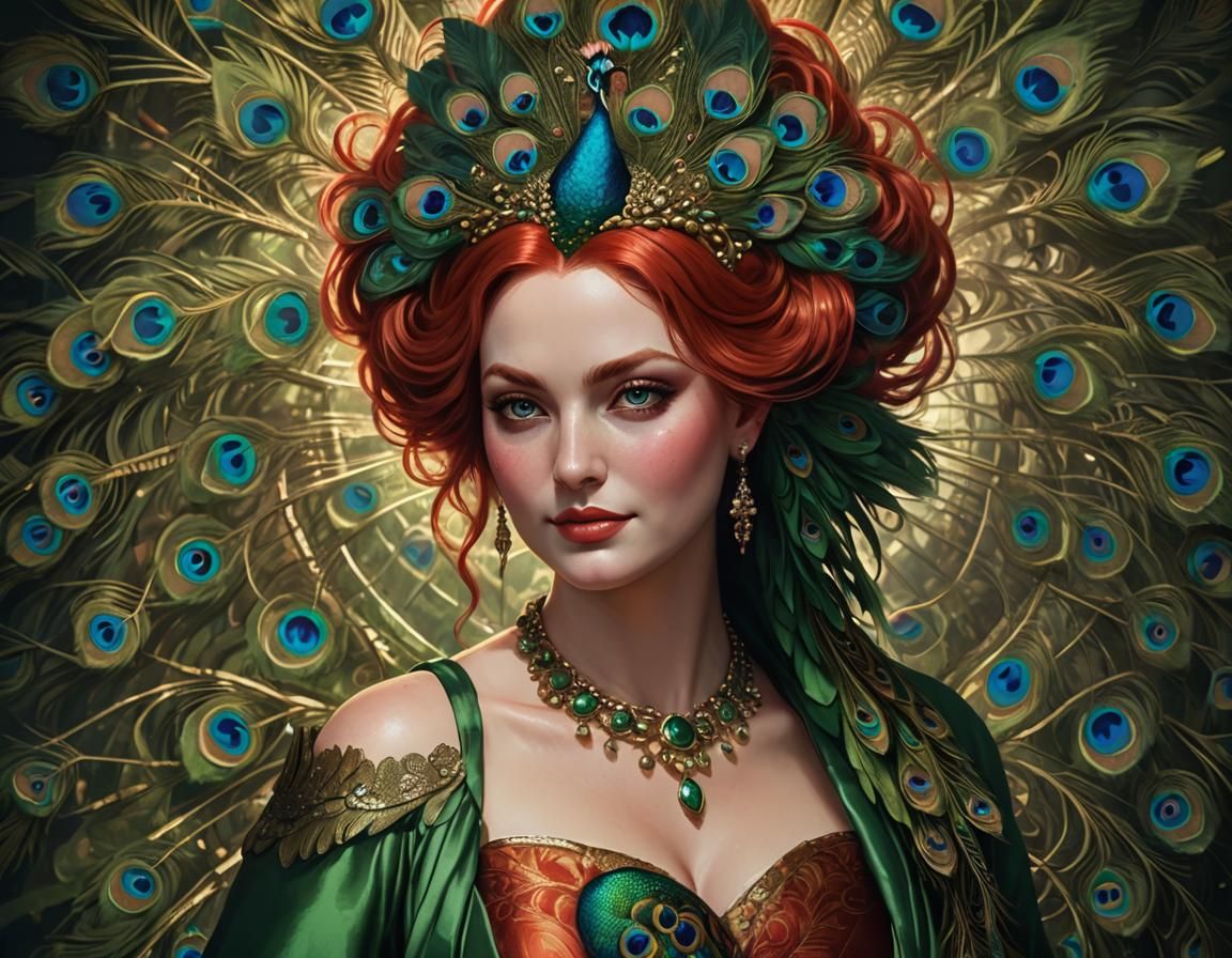 Sensual Redhead with Peacock in Fantasy Art Style
