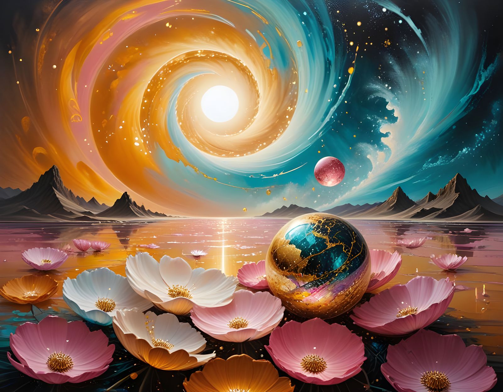 Golden Spheres and Lines in Pastel Stained Glass Style