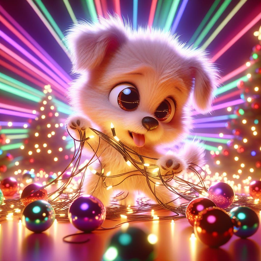 Cartoon Puppy's Christmas Light Mishap: 3D Animated Joy