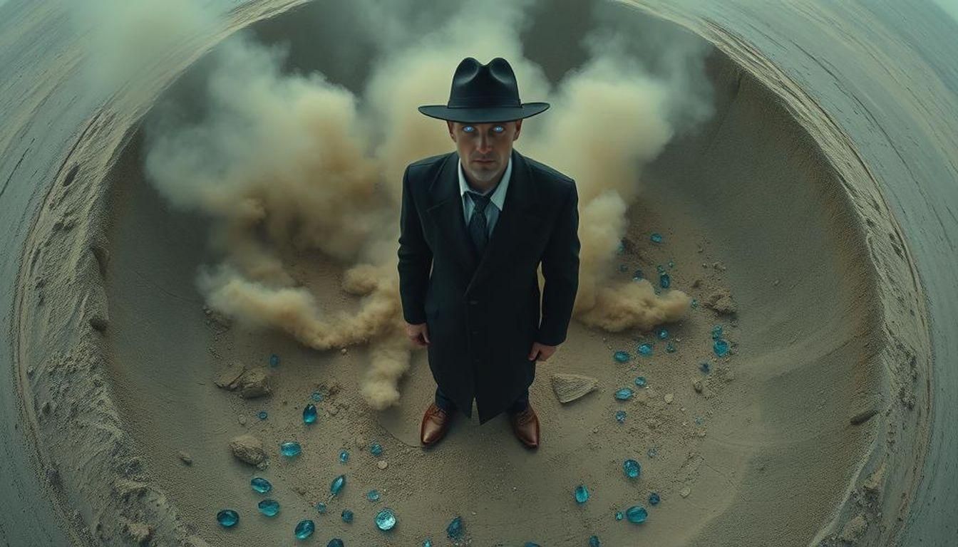 Otherworldly Agent in Dust Crater with Glowing Eyes