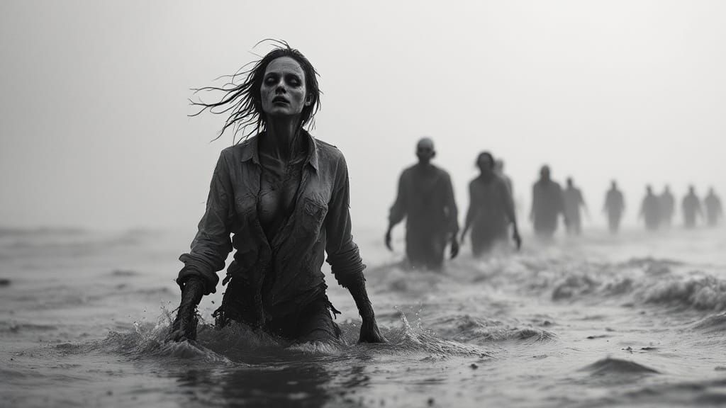 Female Zombie Emerges on Bleak Beach in Monochrome