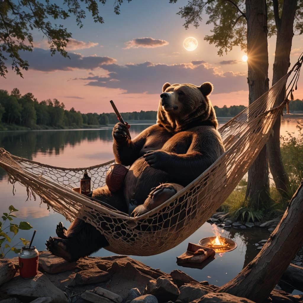 Realistic Bear in Hammock at Sunset
