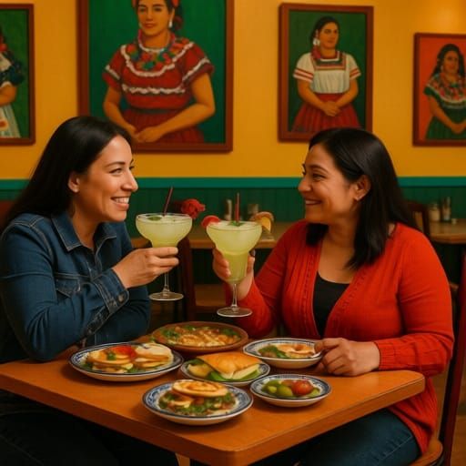 Two women sharing margaritas and Mexican food in a cozy fatl...