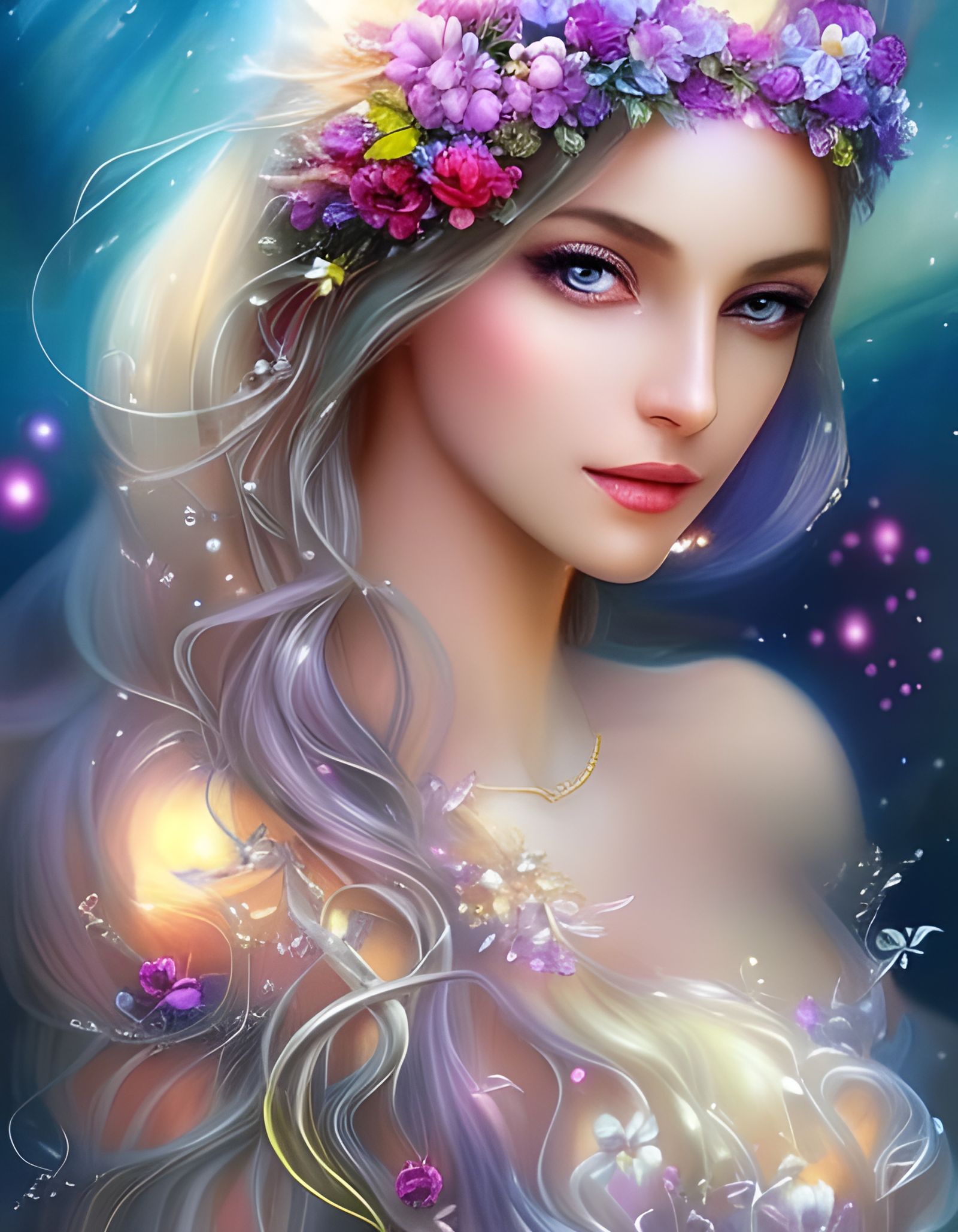 Wildflower Princess with Lavender Hair, Watercolor Art