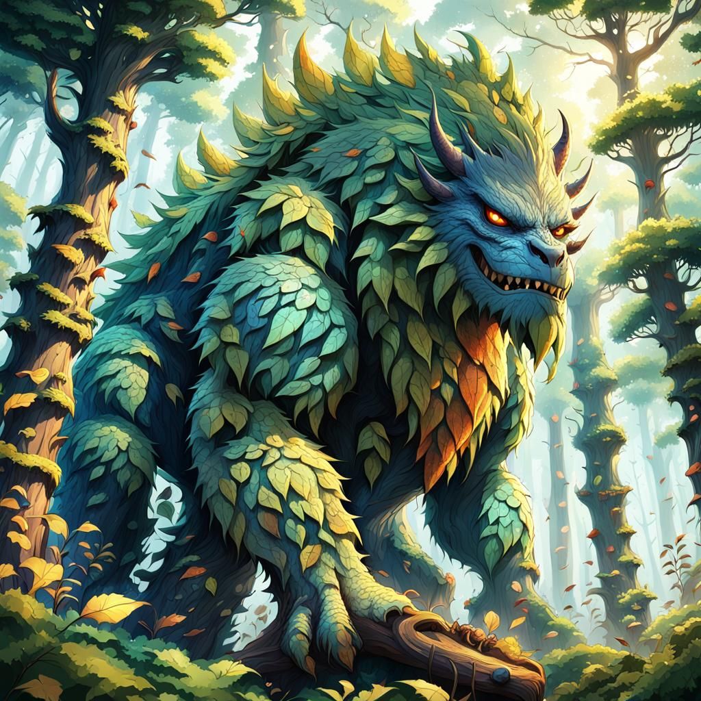 Towering Forest Monster in Realistic Anime Style
