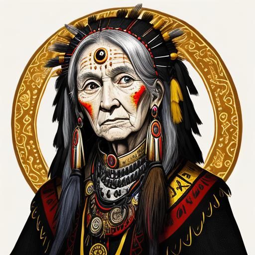 Elderly Woman Shaman in Red, Gold and Silver