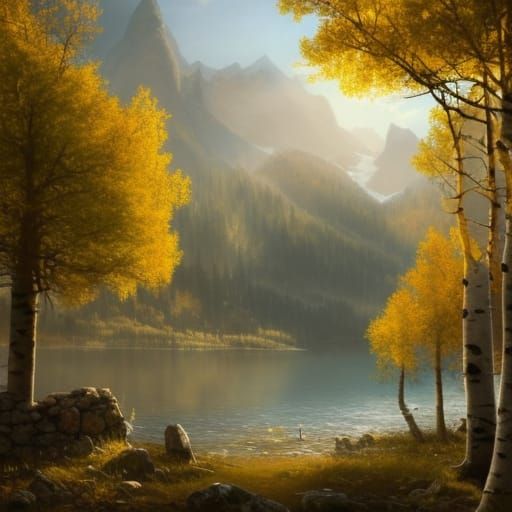 Cottagecore Village by Lake with Golden Aspen Trees