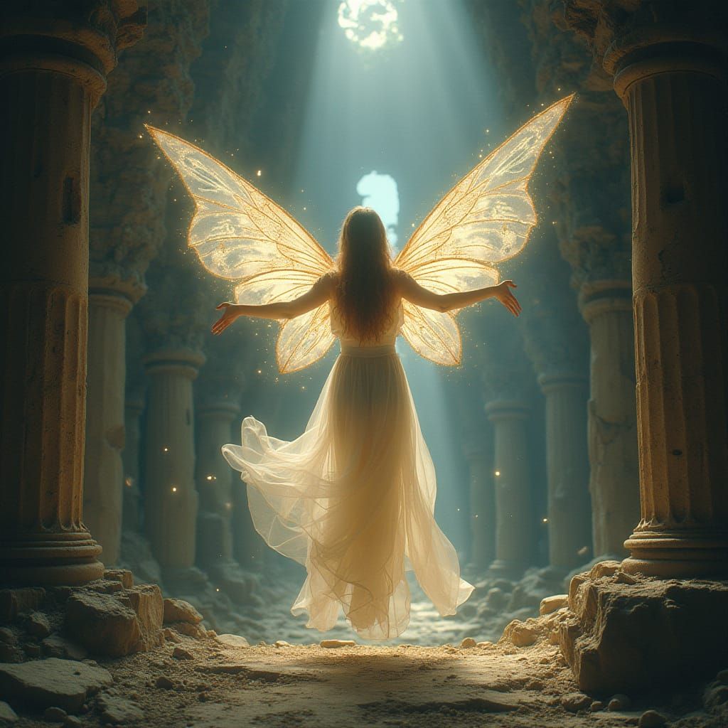 Ethereal Fairy in Ancient Temple Ruins