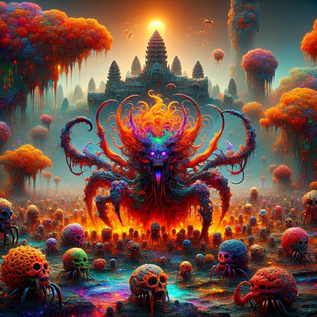 Hybrid Horror Creature in Alien Forest with Angkor Wat