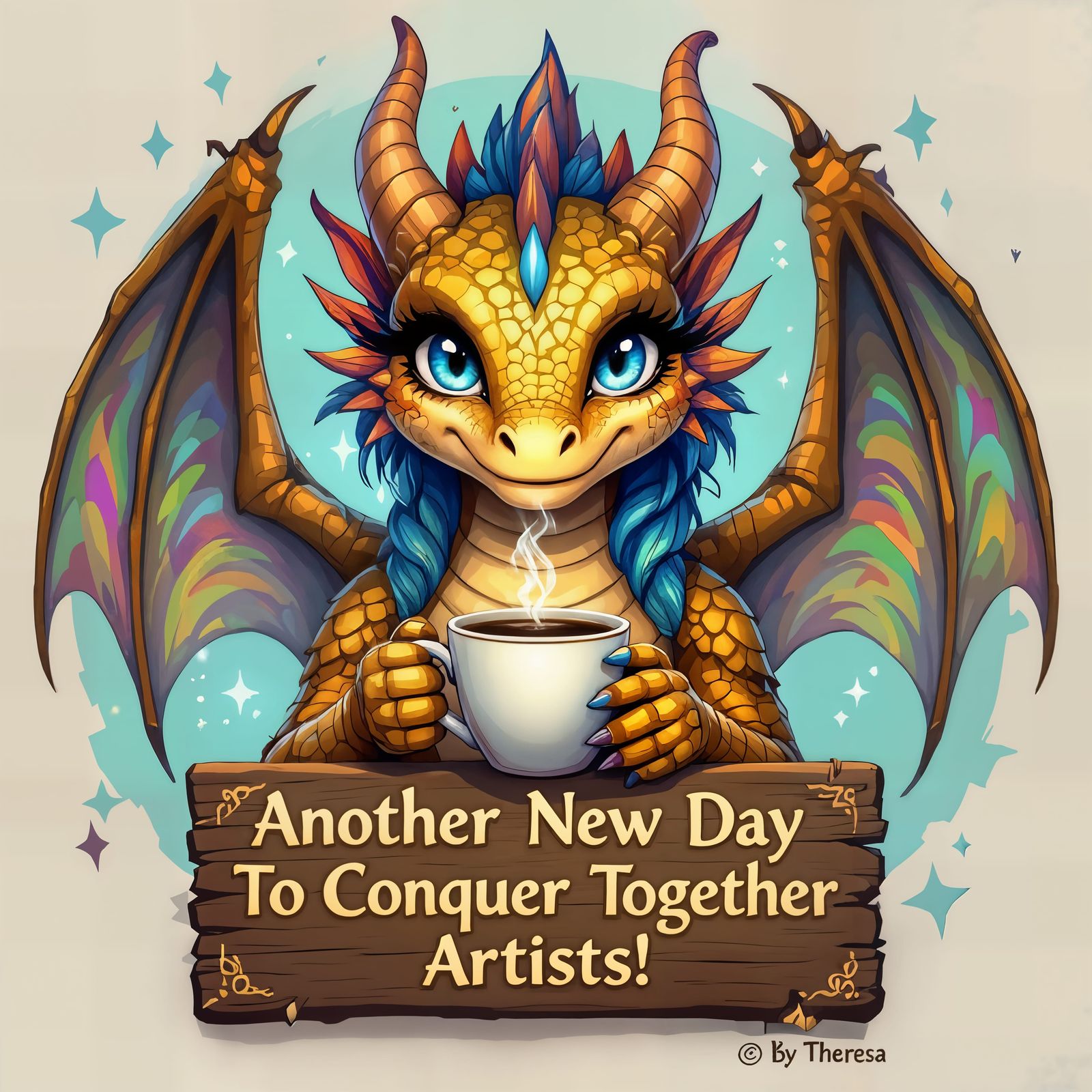 Dragon with Coffee Cup and Motivational Sign