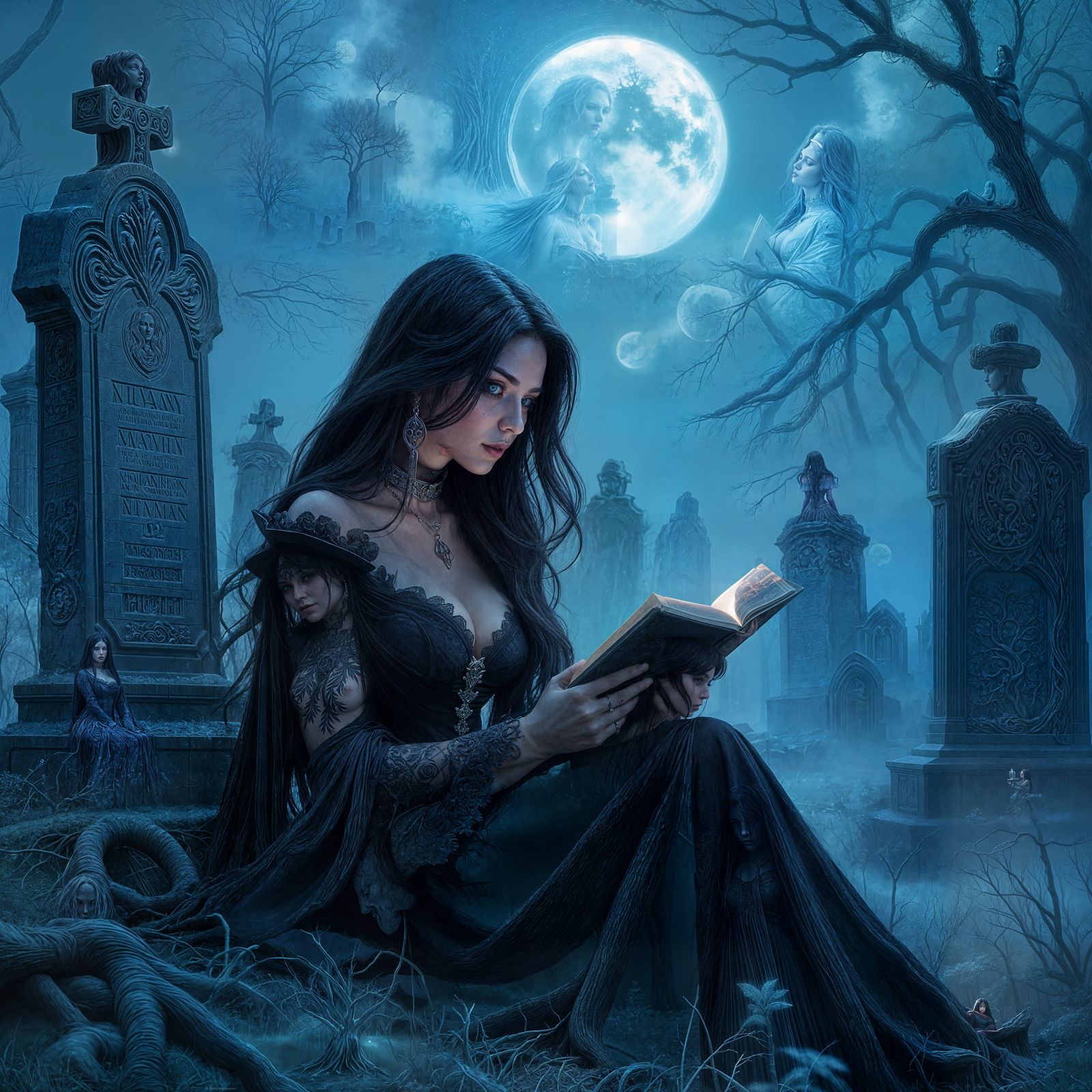 Gothic Woman Reads in Misty Graveyard Digital Painting