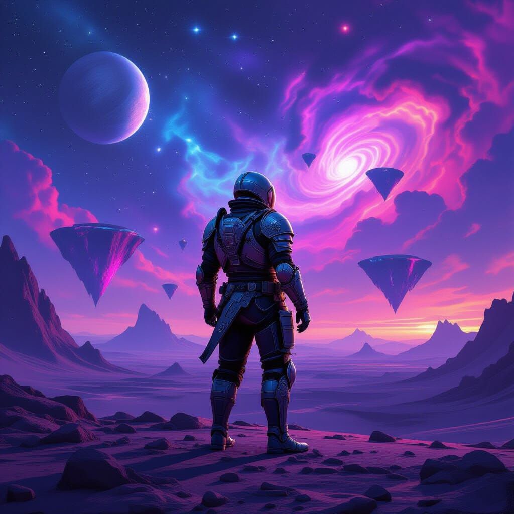 Astronaut in Armor on Alien Planet with Nebulae