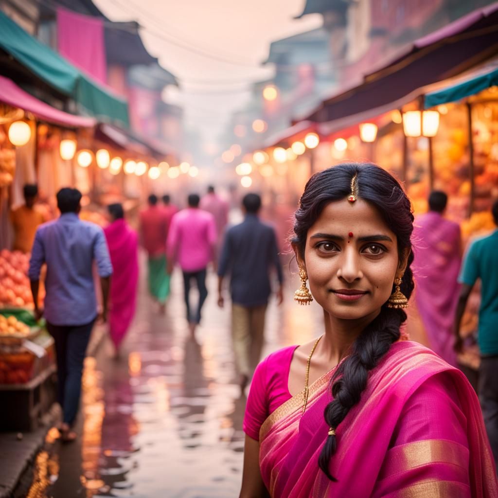 Stunning Indian Woman in Sari, Golden Hour Portrait