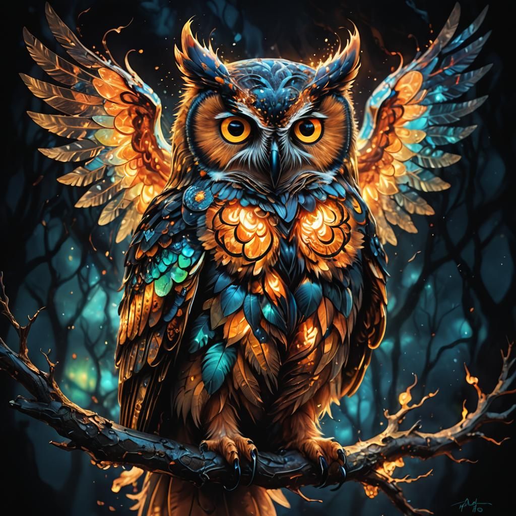 Translucent Owl Totem with Fire Wings in Luminism