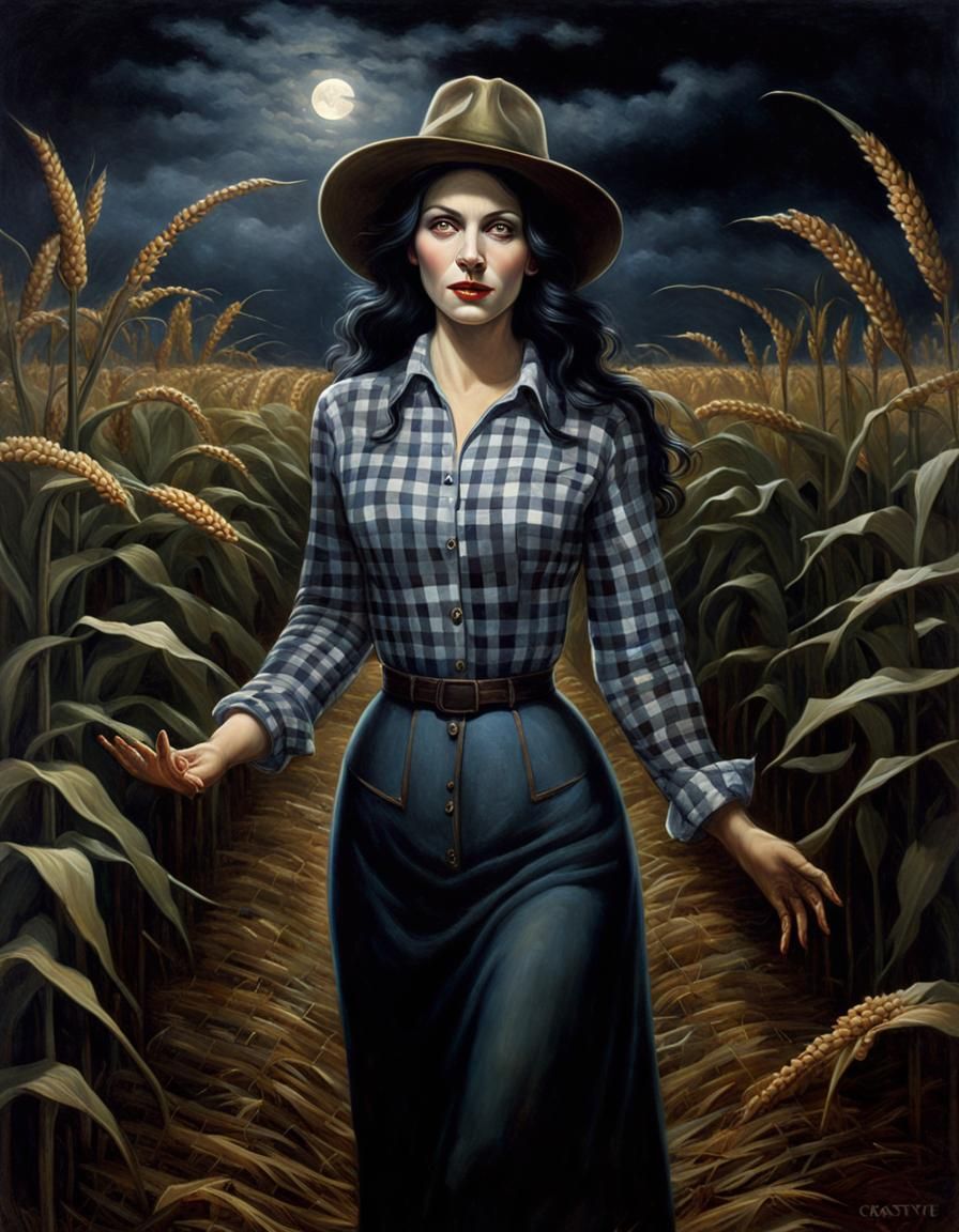 Scary Woman in Cornfield: Dark Fantasy Oil Painting